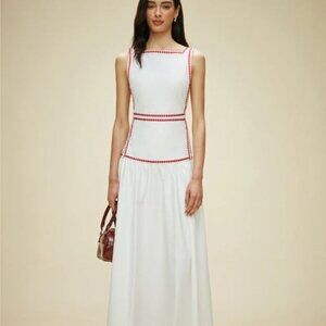 NWT Commense White Cotton Contrast Trim Back Tie Maxi Dress S